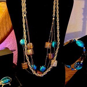 Bold "Reinvented" Teal/Brown Glass and Seed Bead Gold Tone Drape Necklace Set